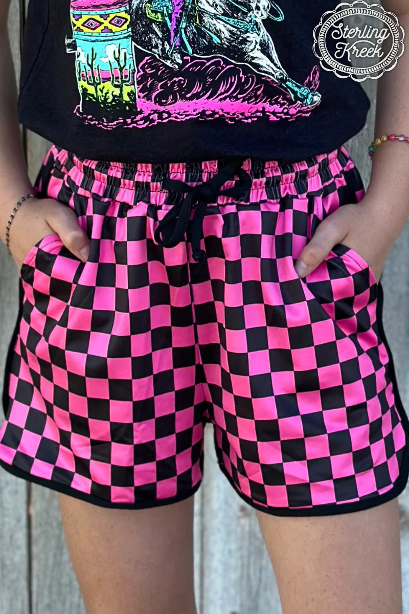 Kids Hot pink and black checkered athletic shorts with pockets by Sterling Kreek