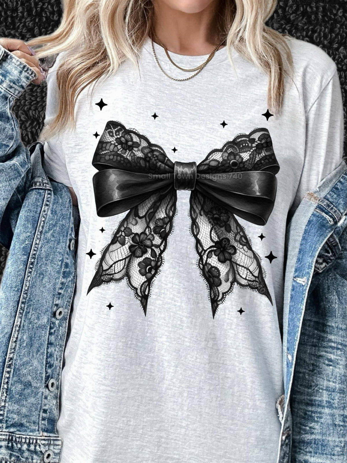 Black lace bow graphic shirt