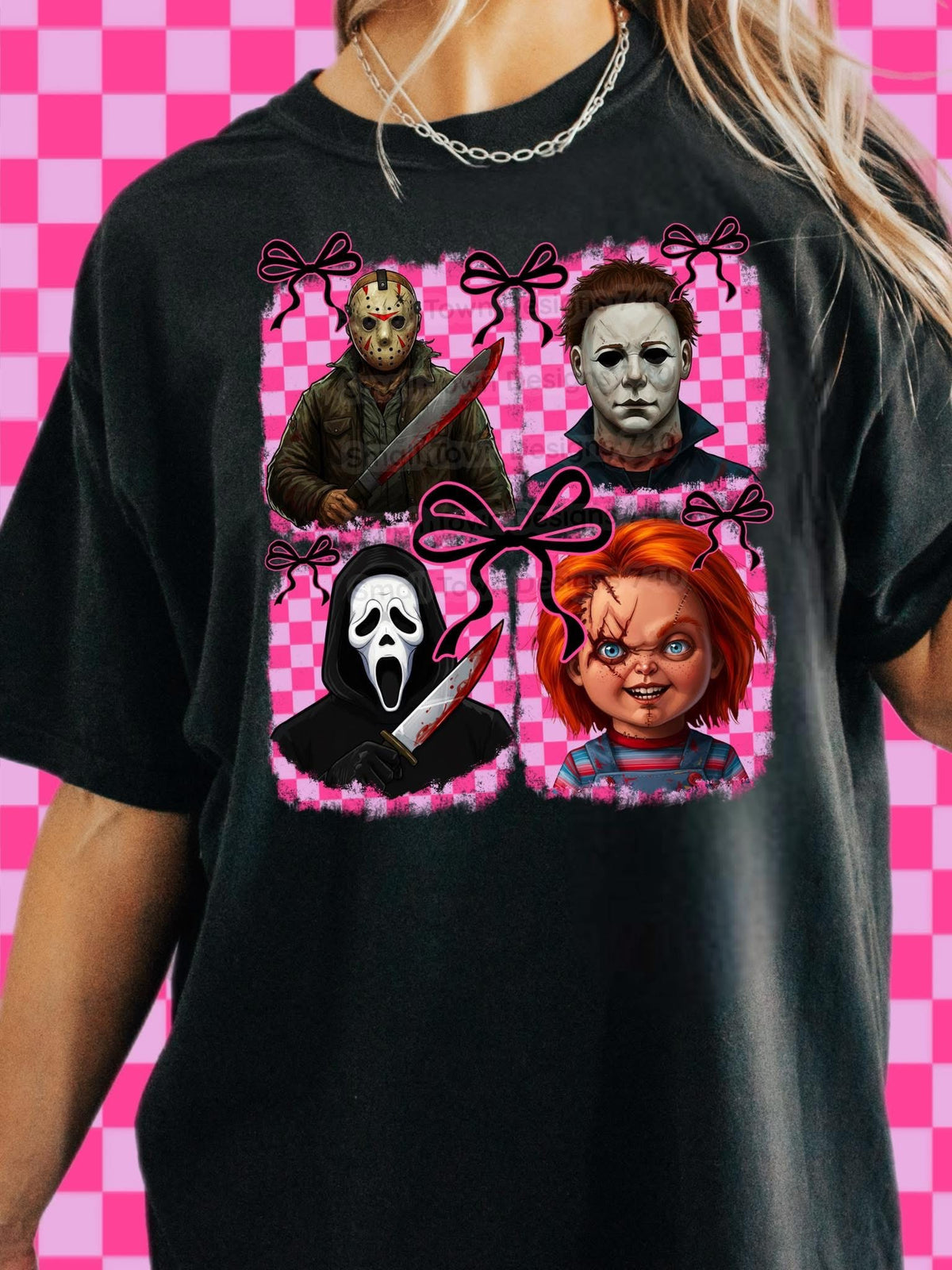 Hot pink checkered horror bows jason Freddy Michael Myers Chucke graphic shirt