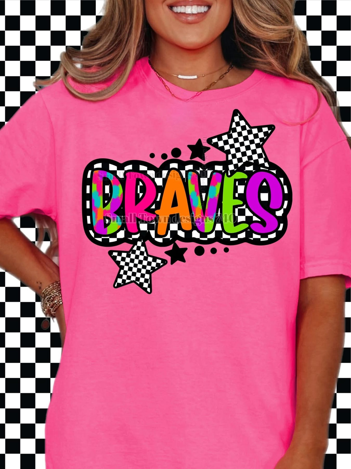 Braves neon checkered graphic shirt