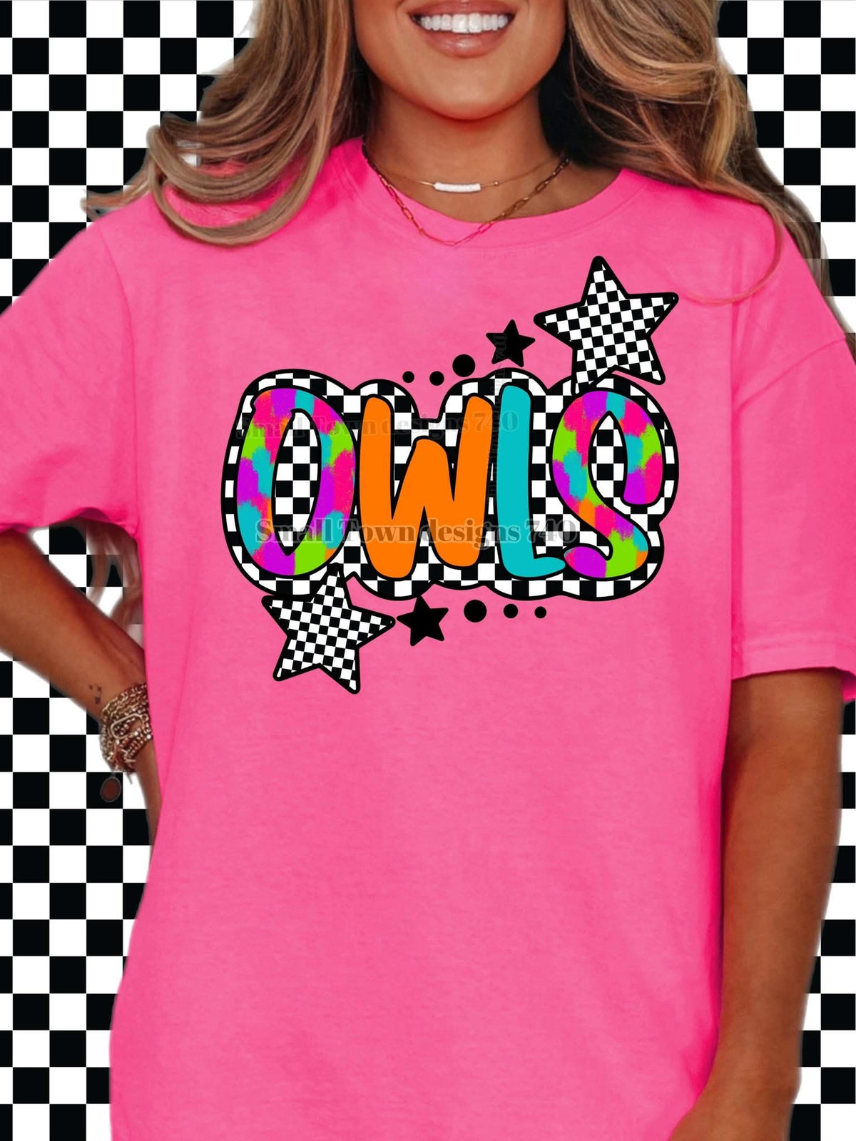 Owls neon checkered graphic shirt