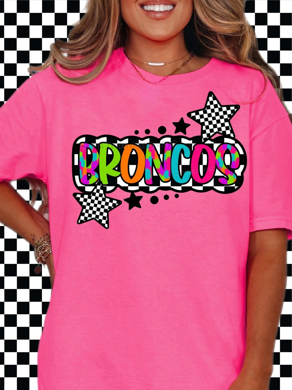 Broncos neon checkered graphic shirt