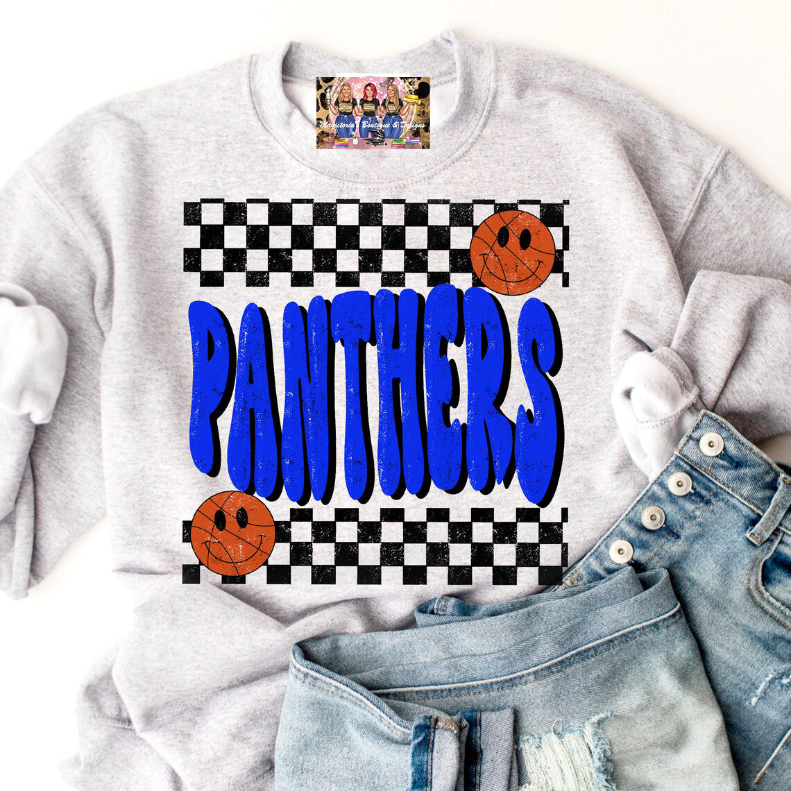 KIDS Panthers Basketball Checkered Design Graphic Shirt