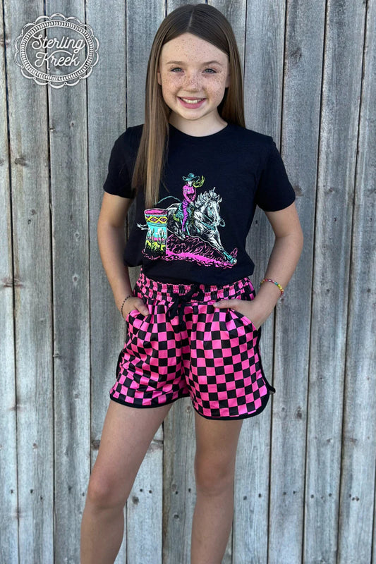 Kids Hot pink and black checkered athletic shorts with pockets by Sterling Kreek