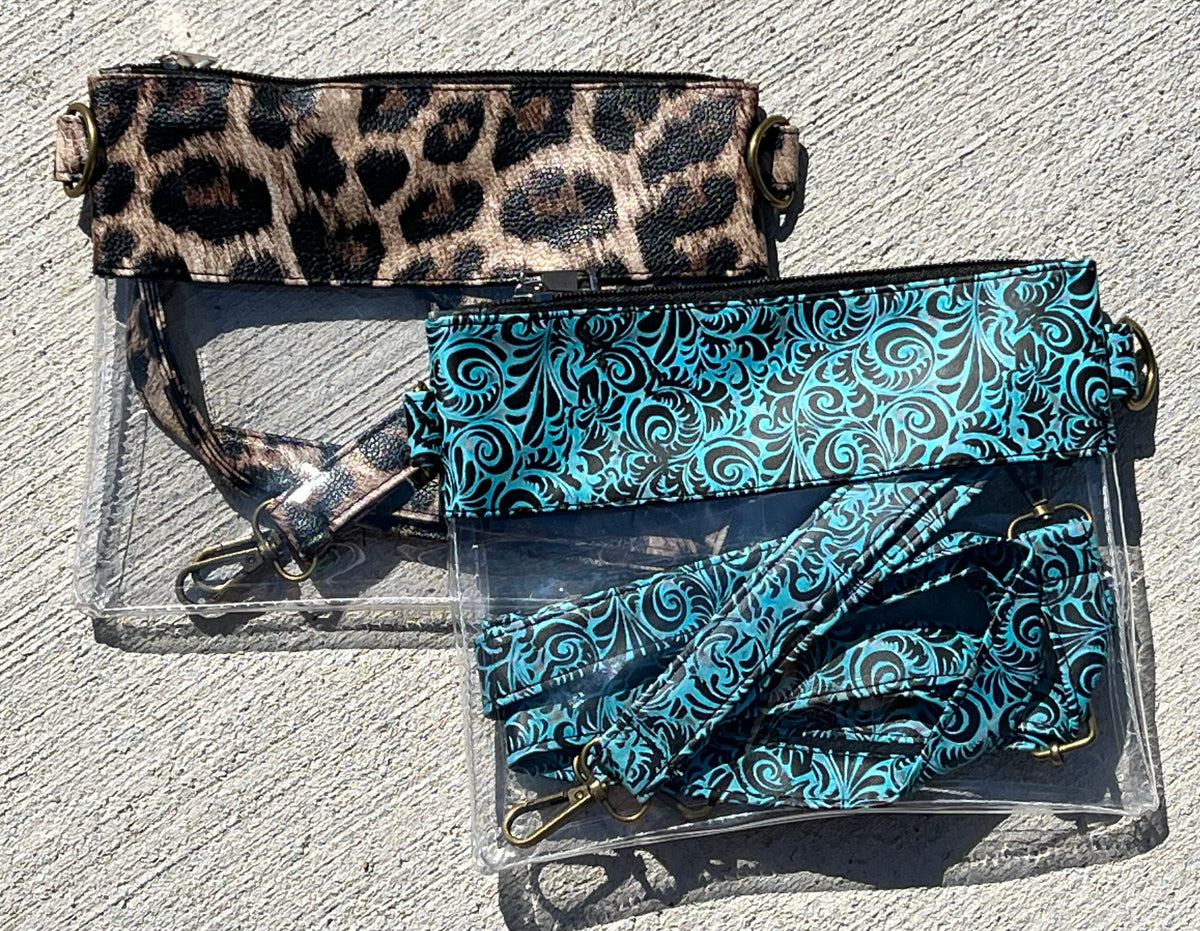 Clear turquoise leather leopard trim crossbody wristlet purse