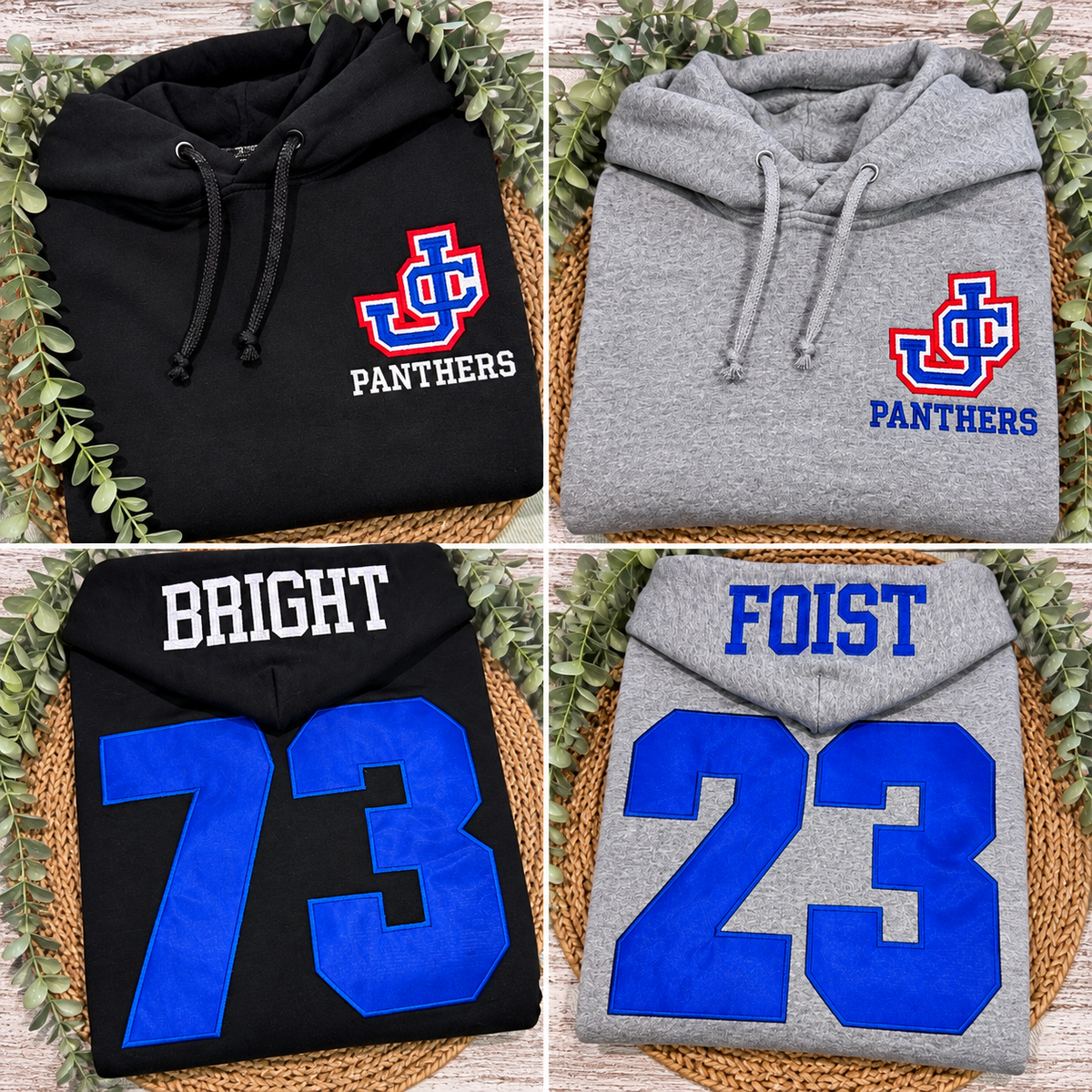JC Panthers. Custom. Large Digits. Name On Hood. Chest Logo. Embroidered Hoodies