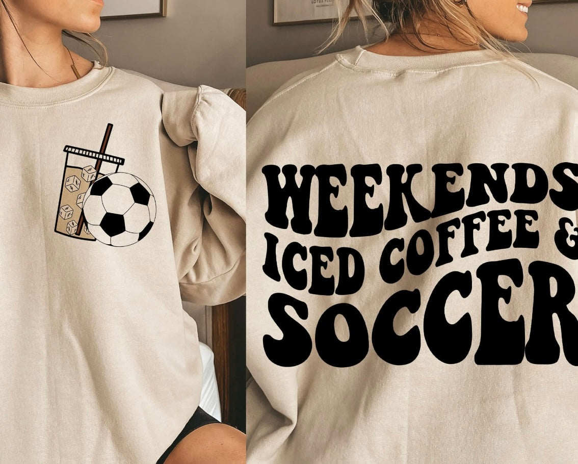 Weekends iced coffee soccer graphic shirt