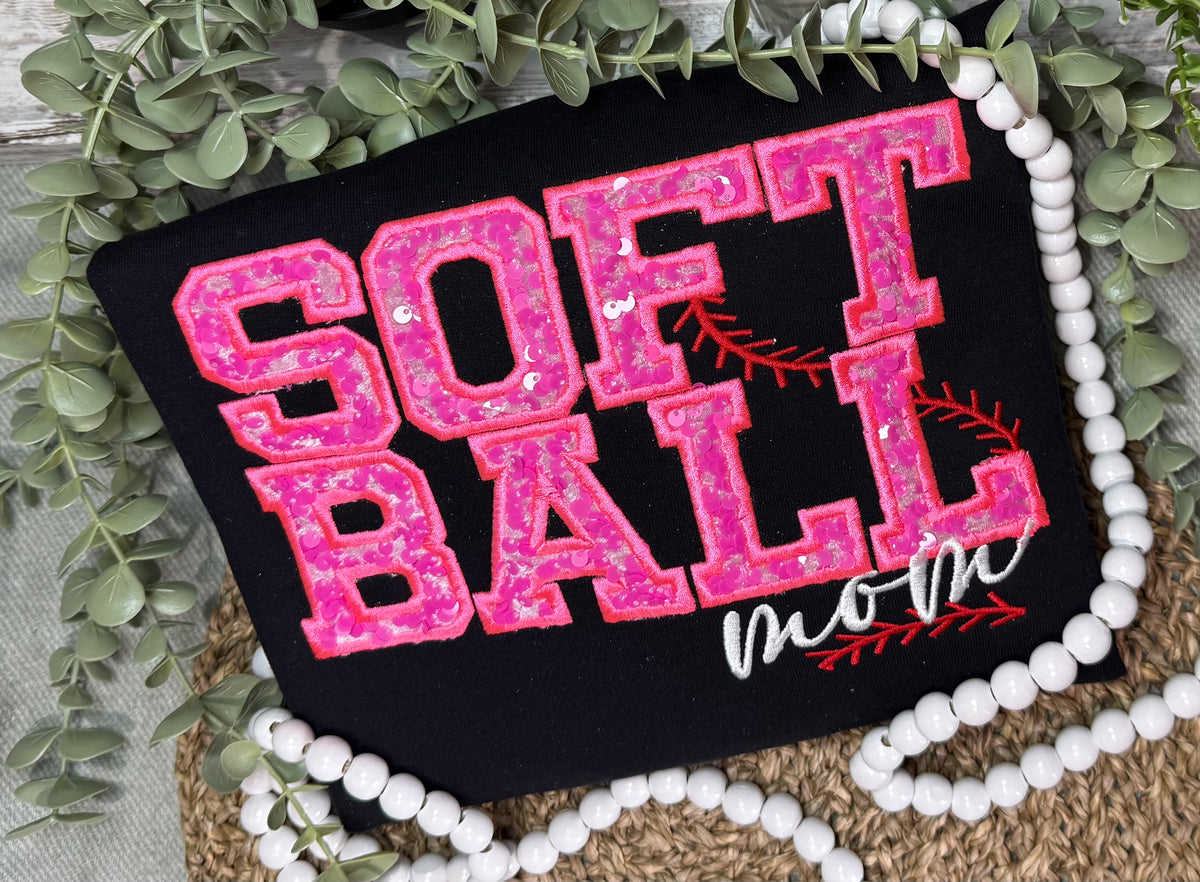 Custom Sport Sequin Applique Embroidered Shirt. Softball Baseball Football