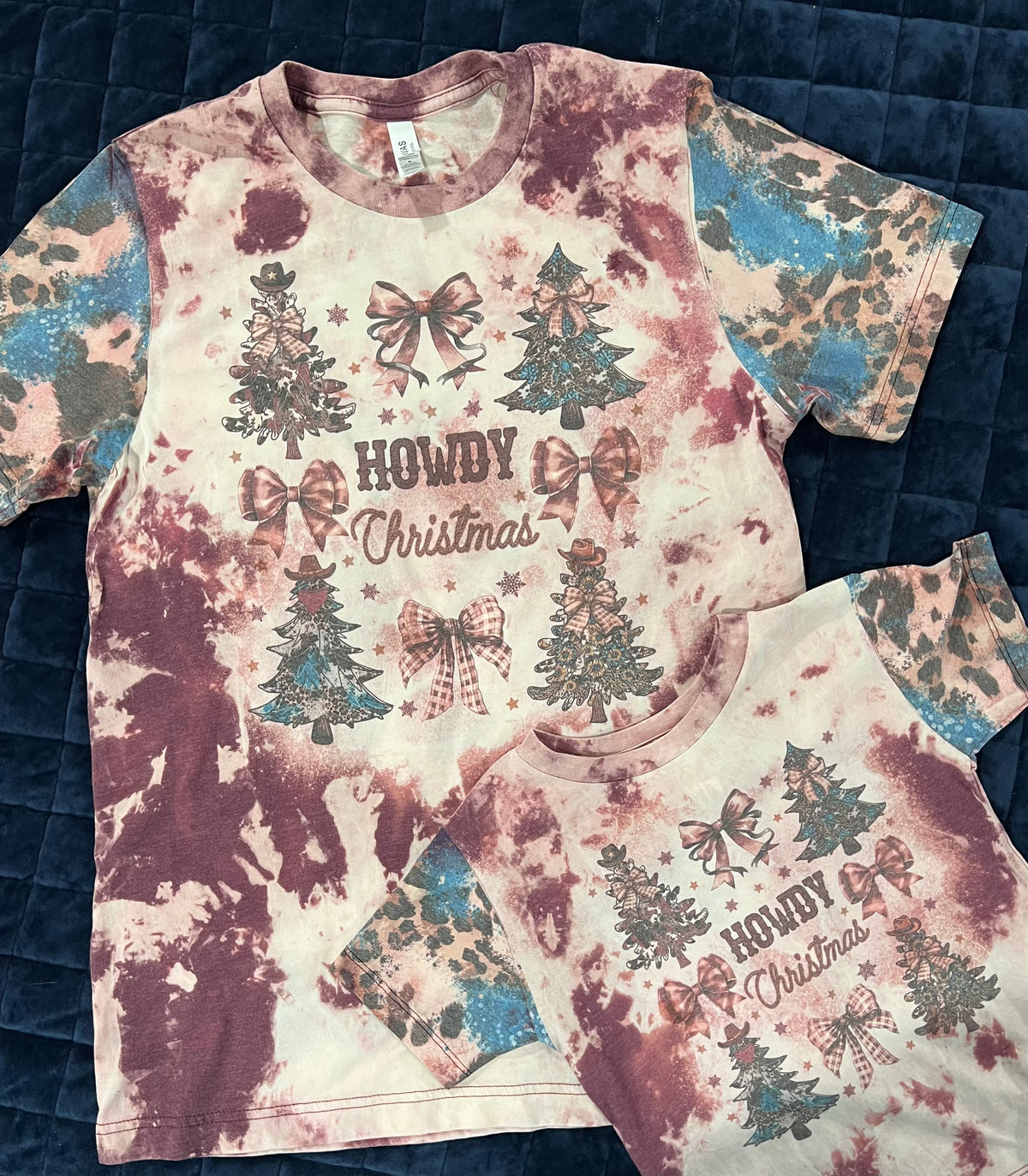 Howdy Christmas with turquoise and leopard sleeves acid washed bleached graphic shirt