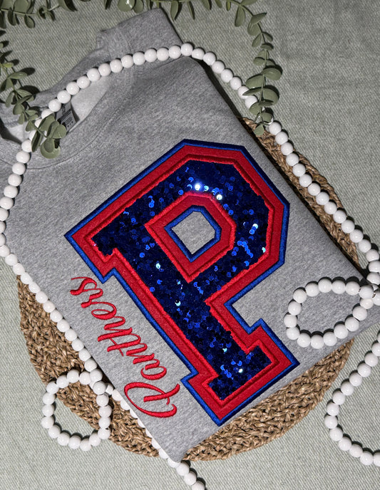 Panthers Double Appliqué Embroidered Shirt. letter name mascot sports sequins