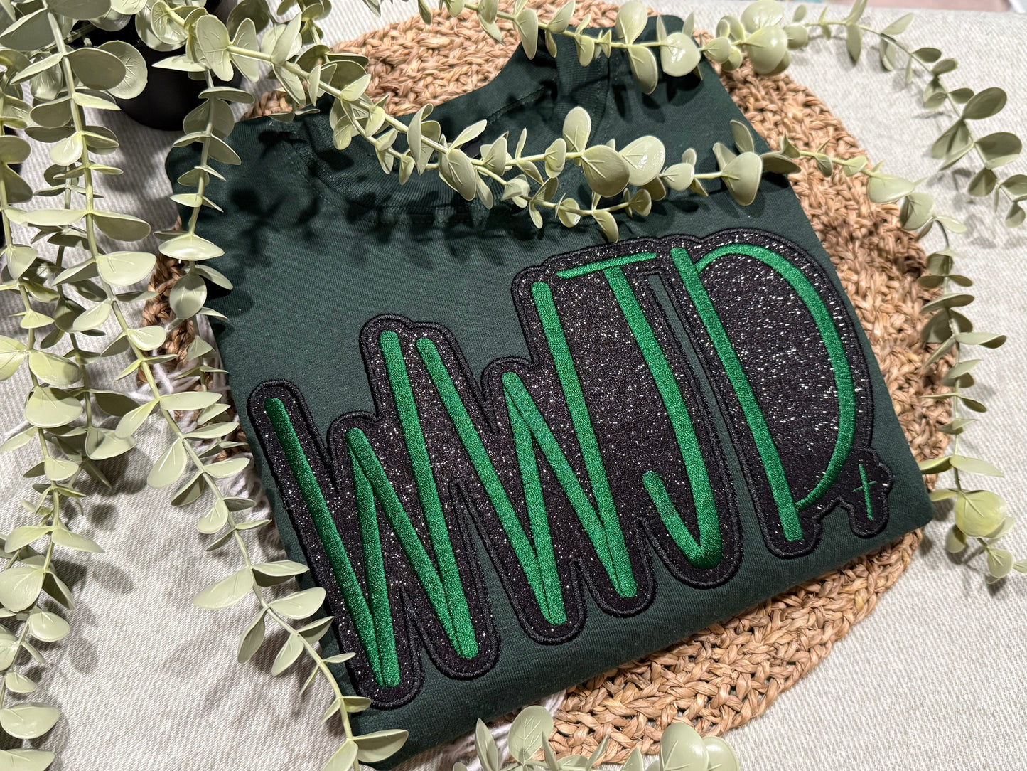 WWJD what would Jesus do appliqué embroidered crew