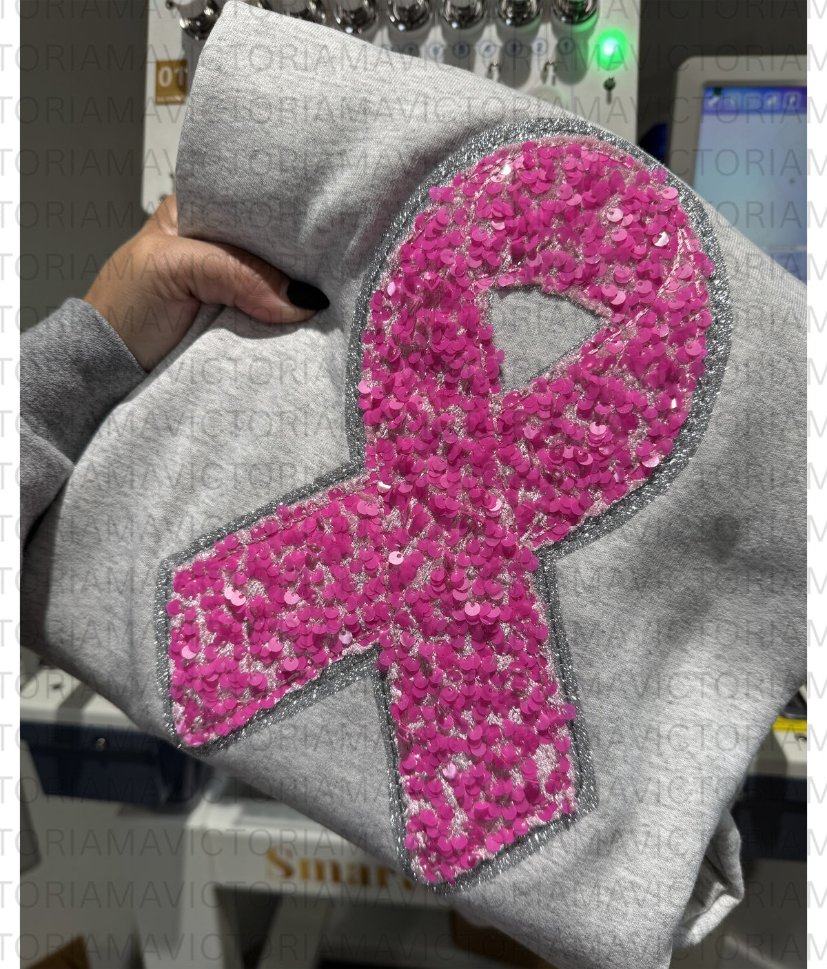 Sequin Cancer Ribbon Embroidered Crew