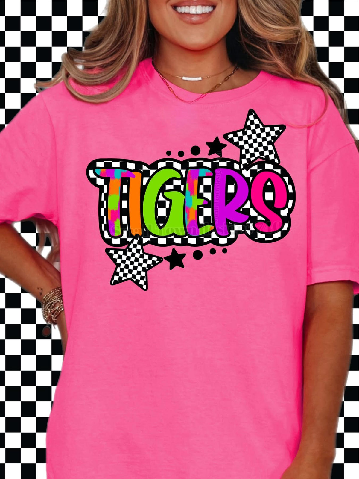 Tigers neon checkered graphic shirt