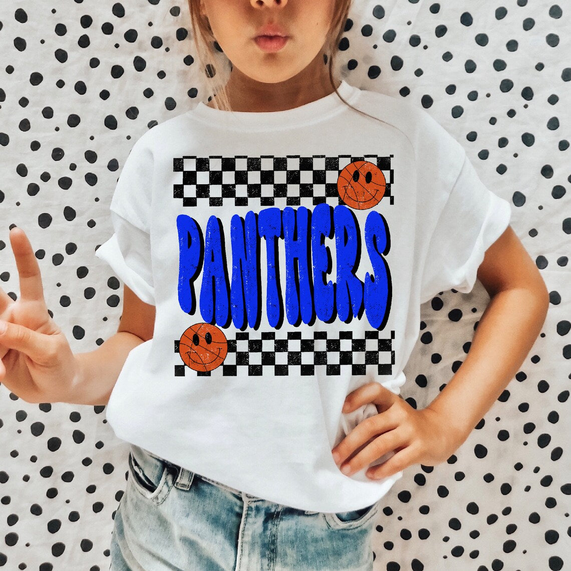 KIDS Panthers Basketball Checkered Design Graphic Shirt